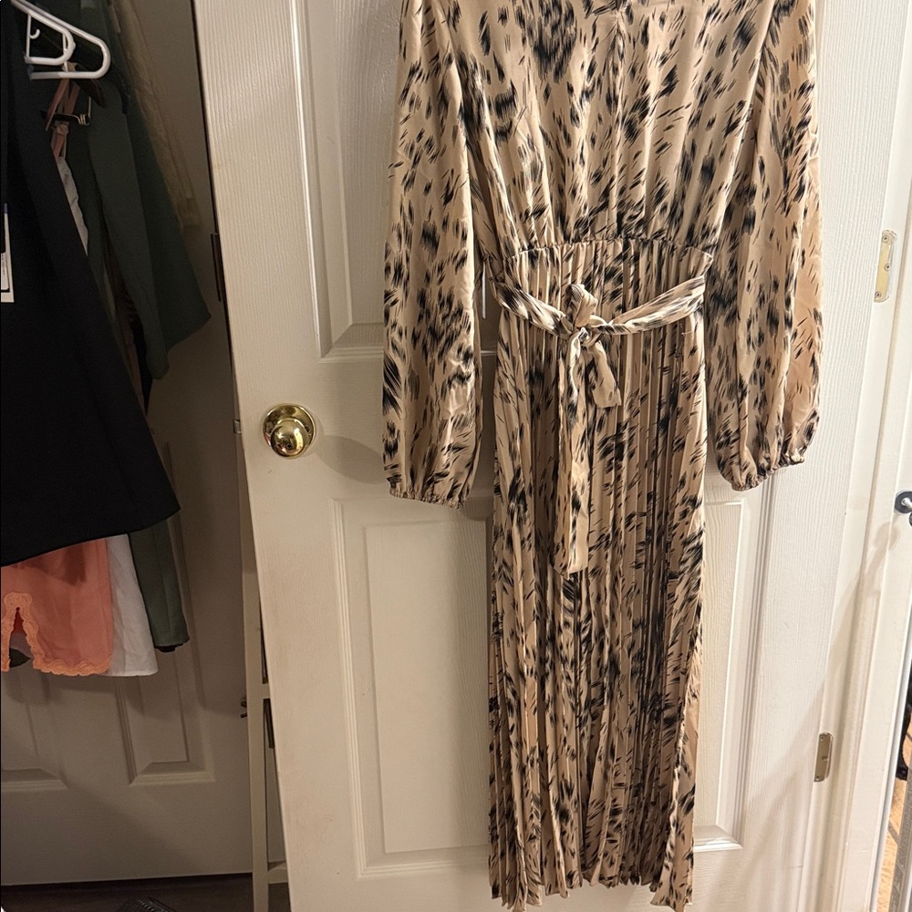 Beige and Black Printed Long Sleeve Women's Dress - Picture 2 of 3
